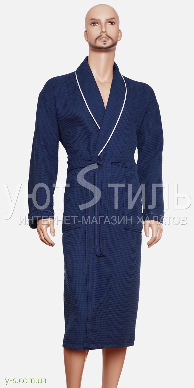 Вафельний чоловічий халат синього кольору BE2107