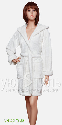 Білий жіночий пухнастий халат з капюшоном EX2138