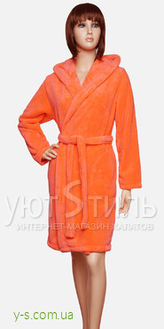 Женский пушистый халат с капюшоном VA4103 неоново-оранжевый цвет