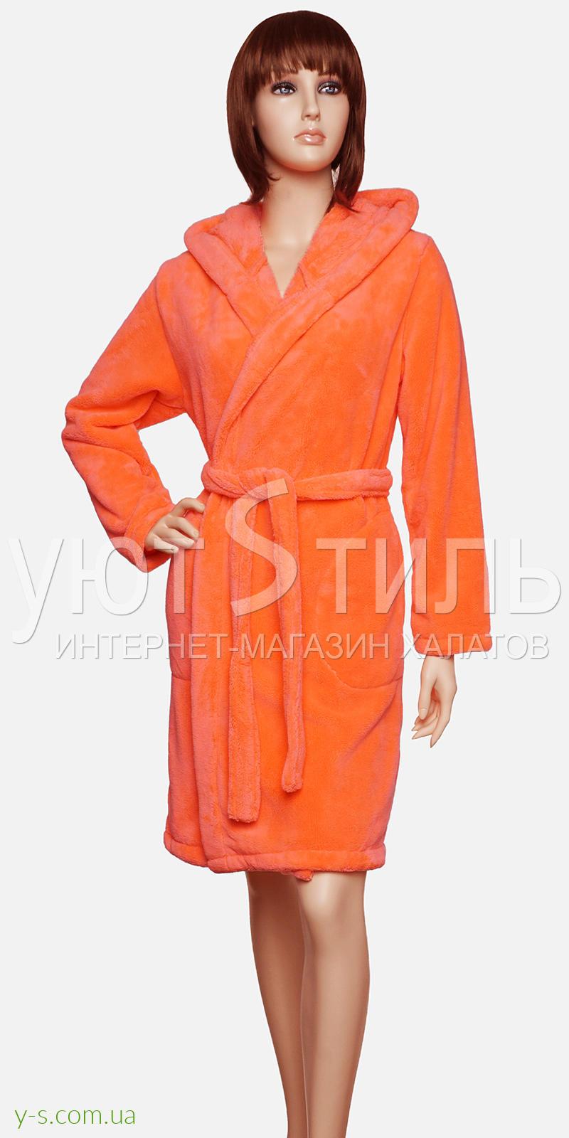 Женский пушистый халат с капюшоном VA4103 неоново-оранжевый цвет