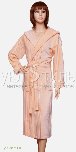 Халат махровый женский абрикосового цвета с капюшоном WM1361