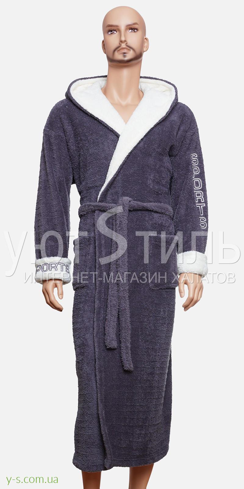 Мужской халат серого цвета WM1727 с надписью 